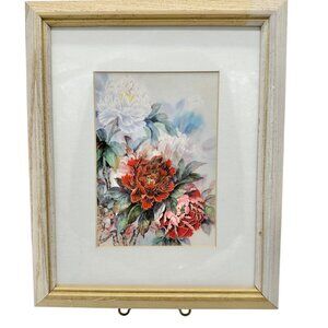 Vintage Framed Floral Watercolor Print Of Red and White Peonies In Wooden Frame